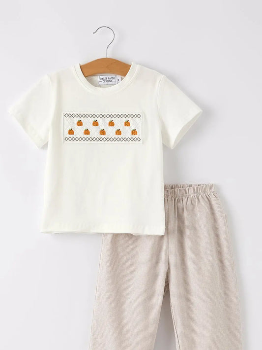 Pumpkin Smocked Plaid Boys Set